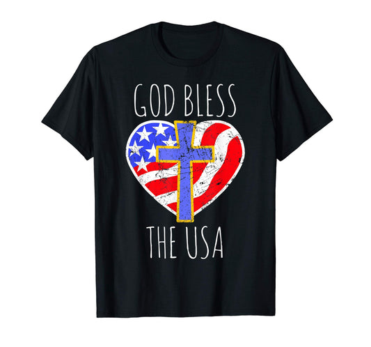 God Bless The USA Shirt, Patriotic Shirt, Fourth of July, Independence Day,  Stars and Stripes, Heart Shirt, Cross Shirt, July 4th T-shirt