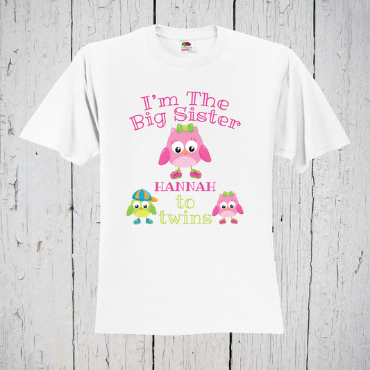 I'm The Big Sister To Twins Owl Shirt, Big Sister Tshirt, Big Sis, Big Sister Tee, Twins Announcement, Big Sister Outfit, Personalized Name
