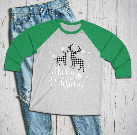 Merry Christmas Shirt, Deer Shirt, Plaid Deer TShirt, Holiday Raglan, Matching Christmas Shirts, Family Xmas Shirt, Buffalo Plaid Xmas Tee
