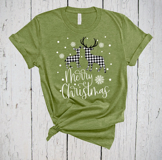 Merry Christmas Shirt, Deer Shirt, Plaid Deer TShirt, Holiday Tshirt, Matching Christmas Shirts, Family Xmas Shirt, Buffalo Plaid Xmas Tee