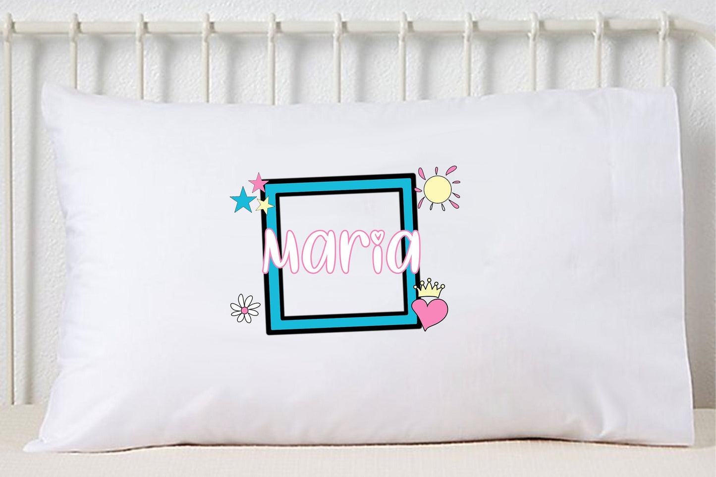 Custom Name Pillowcase, Personalized Pillowcase, Girl Name Pillowcase, Kids Room Decor, Standard Size Pillow, Princess Heart Flower Clipart