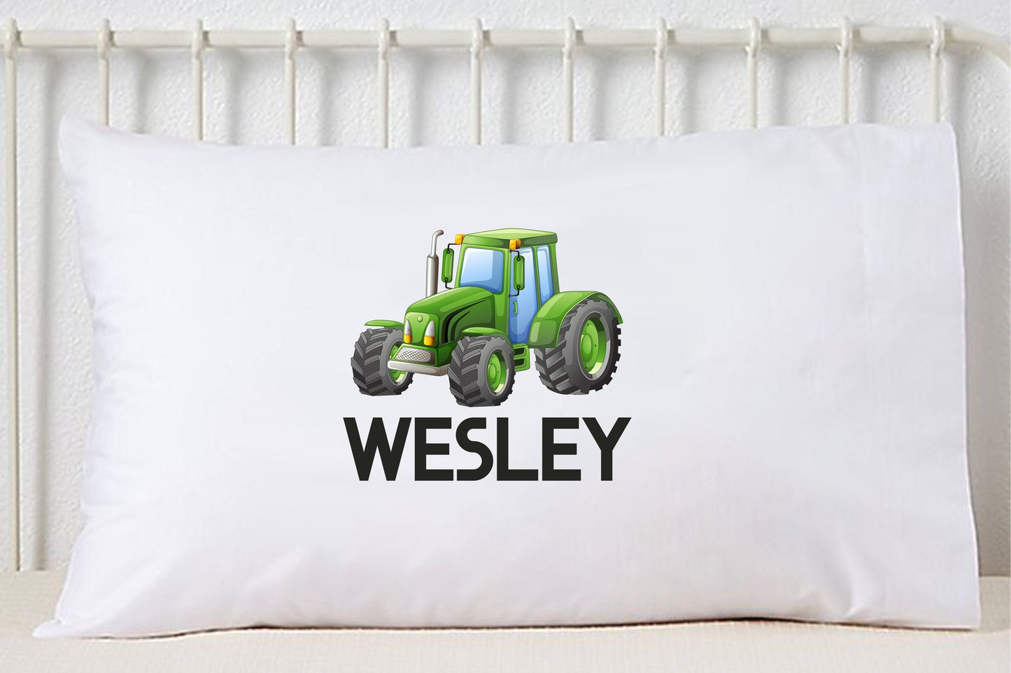 Custom Name Pillowcase, Green Tractor Farm Print Pillowcase, Personalized Pillow Case, Boy Pillowcase, Kids Room Decor, Standard Size Pillow