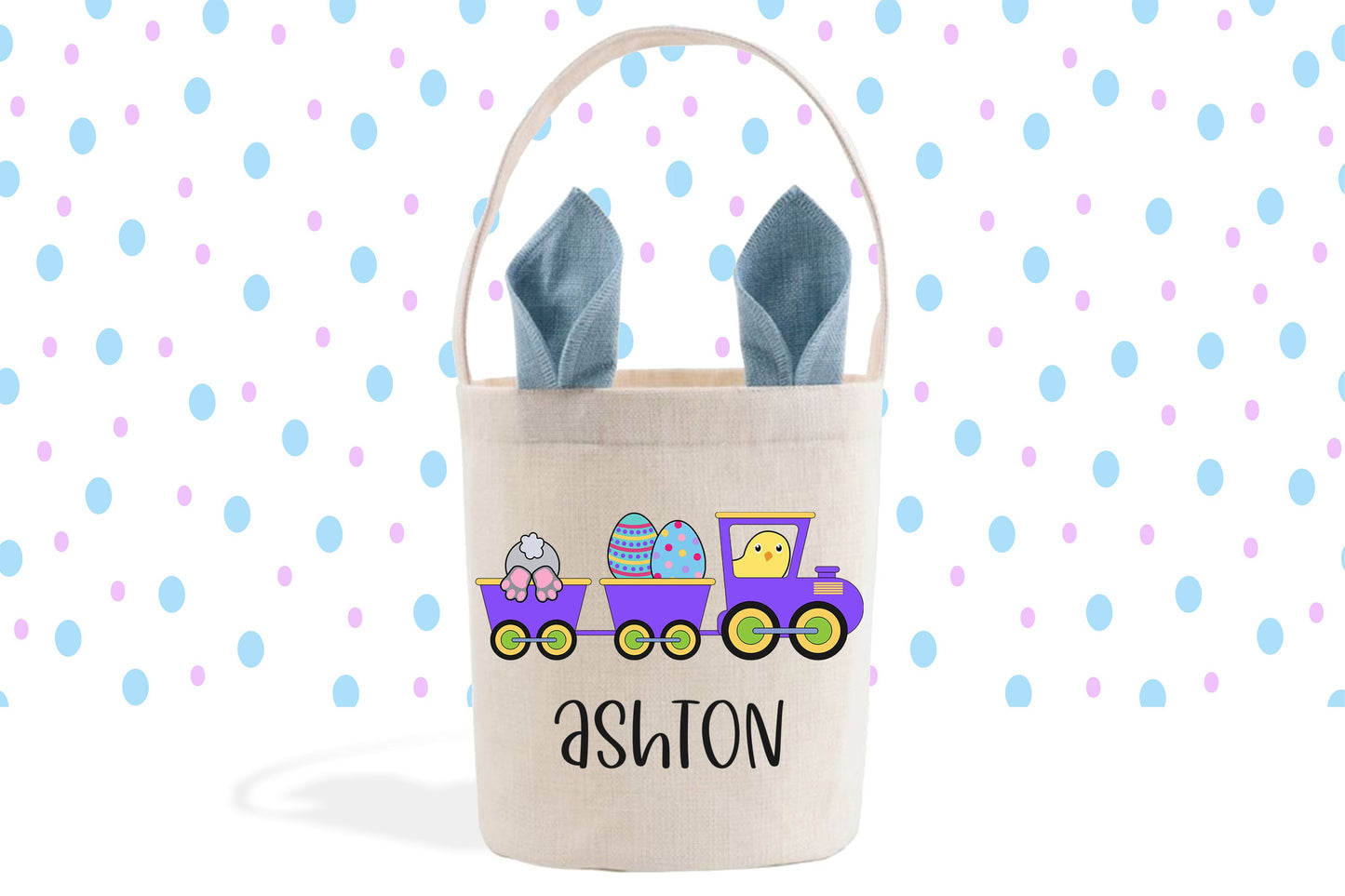 Train Easter Basket, Bunny Ears, Easter Gift Basket, Easter Basket Personalized, Easter Bunny Bag, Blue Ears, Custom Linen Basket for Boys