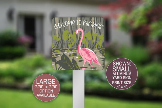 Yard Sign, Flamingo Welcome to Paradise, Aluminum Flower Garden Yard Sign, Patio Flower Pot Decoration, Metal Lawn Decor, Flamingo Sign