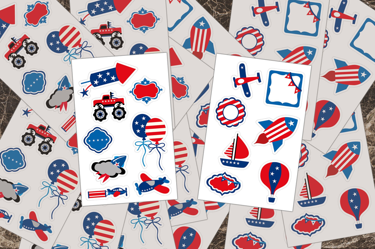 Sticker Sheets, Fourth of July Transportation Vinyl Decals, Sail Boat, Airplane Plane, Rocket Ship, Hot Air Balloon, Monster Truck, Sailboat
