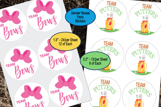Gender Reveal, Team Bows, Team Putters, Sticker Sheet, Golf Party Favor Decals, Team Boy, Team Girl, Gift Bag Stickers, Baby Shower Stickers