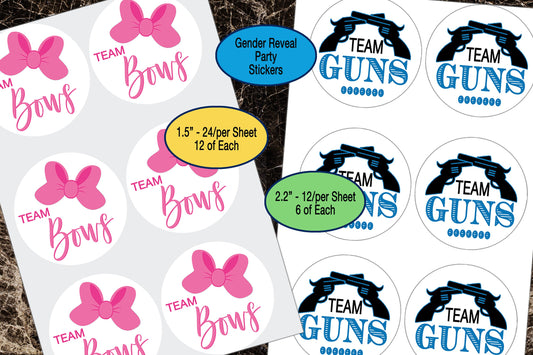 Gender Reveal, Team Bows, Team Guns, Sticker Sheet, Party Favor Decals, Team Boy, Team Girl, Gift Bag Stickers, Baby Shower Stickers