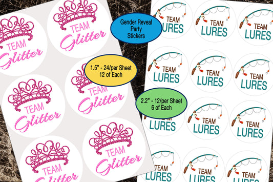 Gender Reveal, Team Glitter, Team Lures, Sticker Sheet, Party Favor Labels, Team Boy, Team Girl, Baby Shower Sticker, Pink or Blue, Fishing