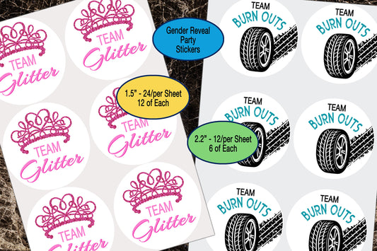 Gender Reveal, Team Glitter, Team Burn Outs, Sticker Sheet, Party Favor Labels, Team Boy, Team Girl, Baby Shower Sticker, Pink or Blue Label