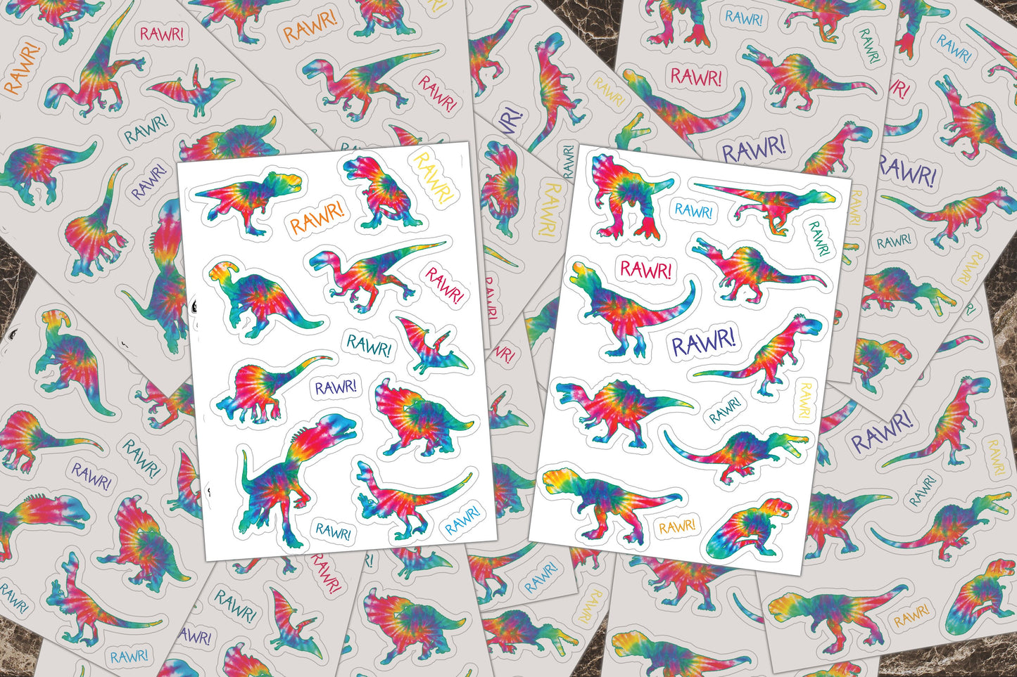 Sticker Sheets, Tie Dye Dinosaurs, Dinosaur Decal, Vinyl Decal, Stickers for Activity Book, Party Favor Stickers, Birthday Party Stickers