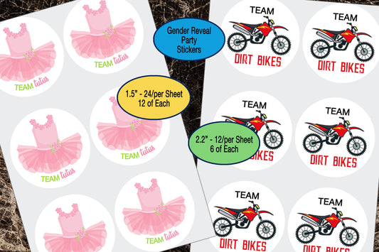 Gender Reveal, Tutus & Dirt Bikes, Sticker Sheet, Gender Reveal Favors, Team Boy, Team Girl, Gift Bag Stickers, Baby Shower Stickers, He She