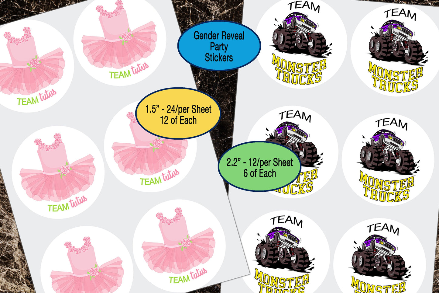 Gender Reveal, Team Tutus, Team Monster Trucks, Sticker Sheet, Party Favor Decal, Team Boy, Team Girl, Gift Bag Sticker, Baby Shower Sticker