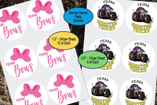 Gender Reveal, Team Bows, Team Monster Trucks, Sticker Sheet, Party Favor Decal, Team Boy, Team Girl, Gift Bag Sticker, Baby Shower Sticker