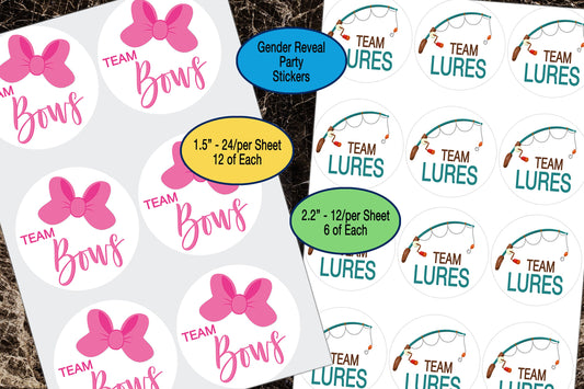 Gender Reveal, Team Bows, Team Lures, Sticker Sheet, Party Favor Decals, Team Boy Girl, Gift Bag Stickers, Baby Shower Sticker, Fishing Pole