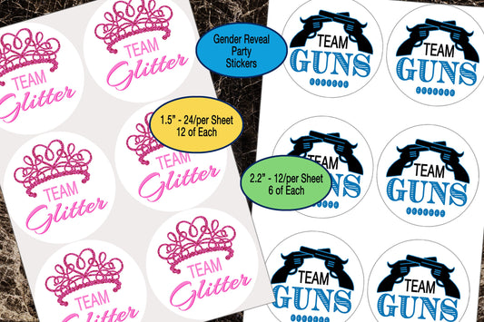 Team Guns, Team Glitter, Gender Reveal, Sticker Sheet, Party Favor Labels, Team Boy, Team Girl, Baby Shower Sticker, Pink or Blue, He or She