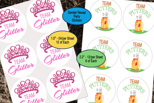 Gender Reveal, Team Glitter, Team Putters, Sticker Sheet, Party Favor Labels, Team Boy, Team Girl, Baby Shower Sticker, Pink or Blue, Golf