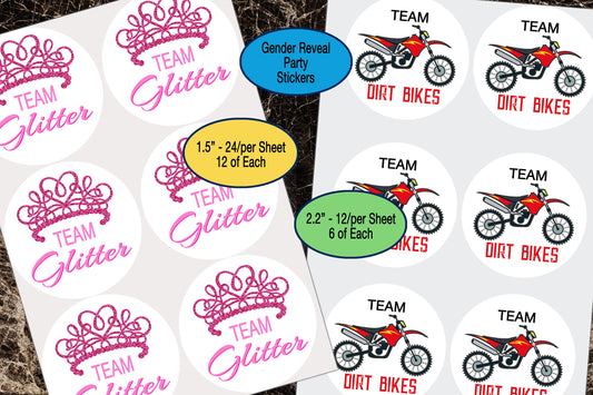 Gender Reveal, Team Glitter, Team Dirt Bikes, Sticker Sheets, Party Favor, Team Boy, Team Girl, Baby Shower Stickers, Pink Blue, Motorcycle