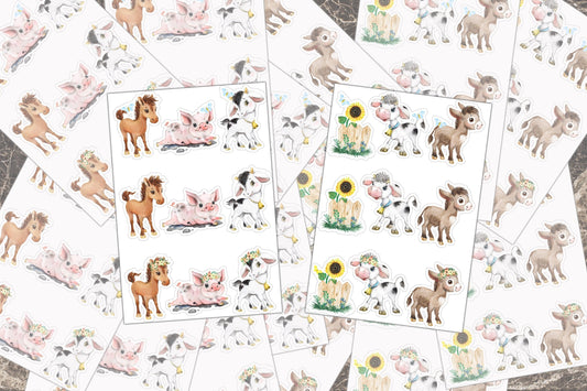 Cute Sticker Sheet, Farm Animals, Cow Stickers, Farm Baby Shower, Goat Stickers, Journal Sticker, Pig Stickers, Birthday Stickers, Favors