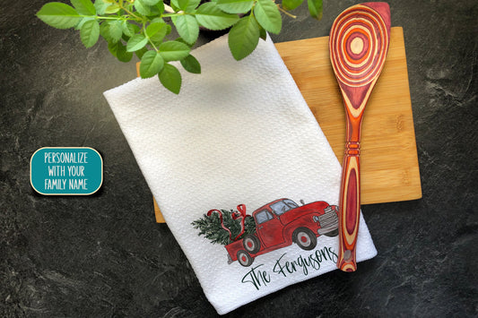 Vintage Red Truck Christmas Tea Towel, Christmas Tree Hostess Gift, Farmhouse Dish Towel, Personalized Towel, Waffle Weave Kitchen Tea Towel