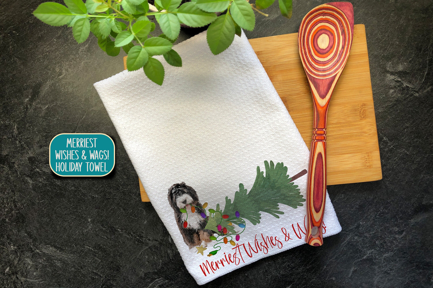 Bernedoodle Christmas Tea Towel, Merry Wishes & Wags, Christmas Hand Towel, Funny Kitchen Towel, Funny Christmas Gift, Berner Christmas Dog