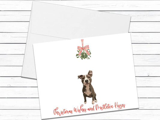 Pit Bull Dogs, Christmas Card, Christmas Wishes and Mistletoe Kisses, Pitbull Dog Greeting Cards, Holiday Card, Blank Cards With Envelopes