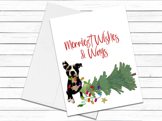 Black Pit Bull/White Chest Christmas Card, Merriest Wishes & Wags, Christmas Cards, Greeting Cards, Blank Cards With Envelopes, Holiday Card