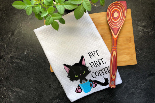 But First Coffee, Funny Kitchen Towel, Black Cat Tea Towel, New Cat Gift, Gift for Coffee Lover, Hand Towel for Cat Mom, Cat Kitchen Decor