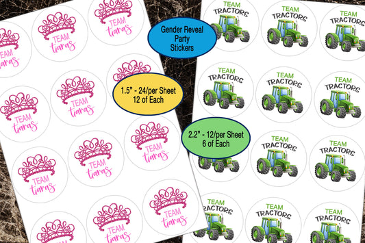 Team Tiaras, Team Tractors, Gender Reveal Sticker Sheet, Pink or Blue, Team Boy, Team Girl, Baby Shower Stickers, Gender Reveal Party Favors