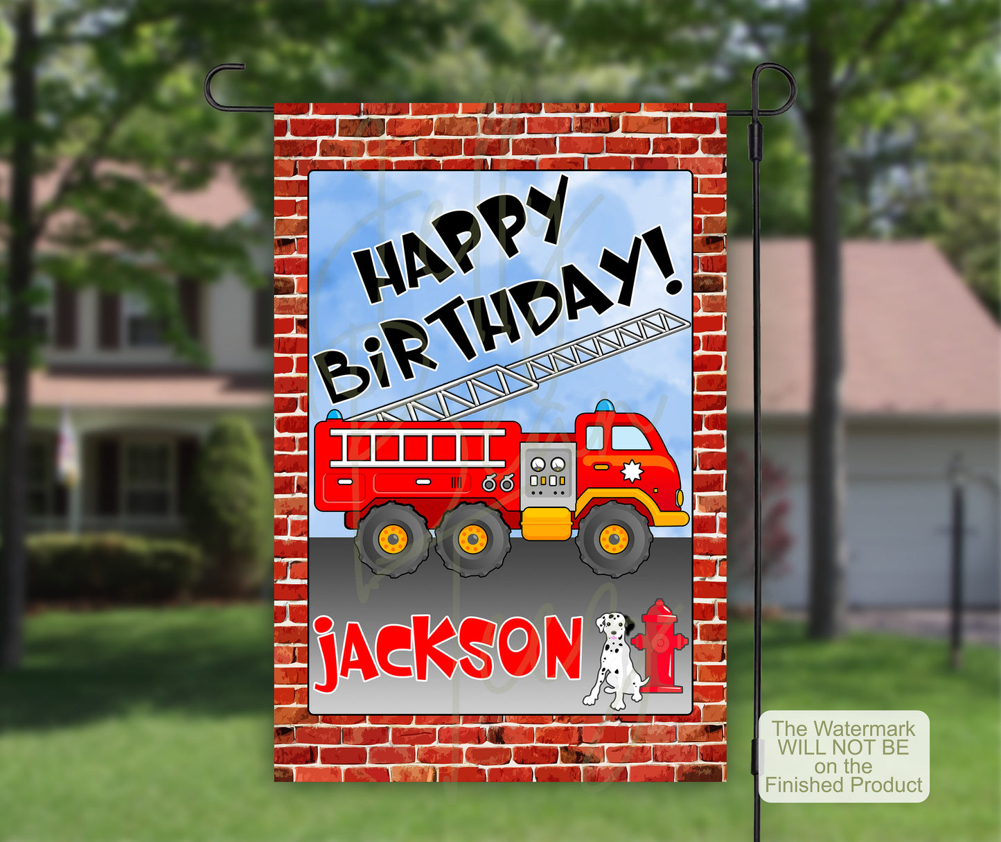 Fire Truck, Birthday Garden Flag, House Flags, Custom Flag, Drive By Birthday, Porch Flag, Birthday Decor, Yard Flag, Firetruck Party Banner