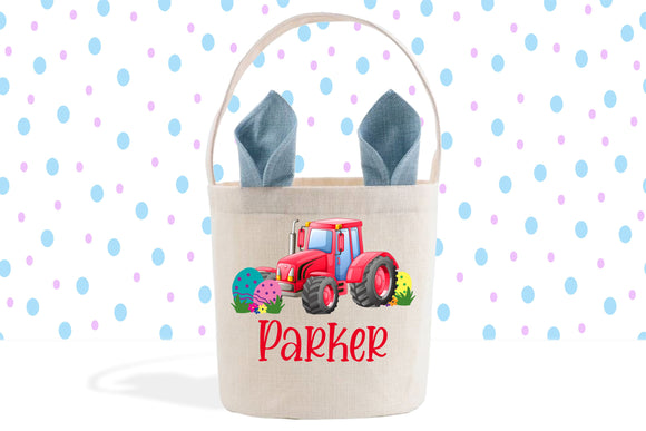 Red Tractor, Boy's Easter Basket, Blue Bunny Ears, Gift Basket, Custom Easter Pail, Personalized Easter Bunny Bag, Easter Eggs, Egg Hunt