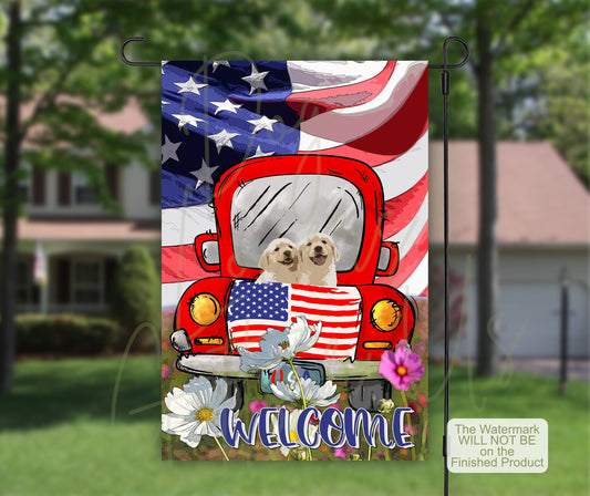 Labrador Retriever, House Flag, American Flag Art, Patriotic Decor, Outdoor Flag, New Home Gift, Vintage Truck, Daisies Field, Lab Dog Mom