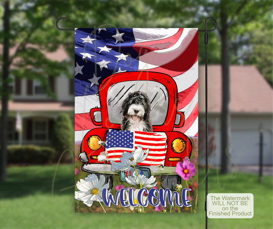 Bernedoodle House Flag, American Flag Art, Patriotic Decor, Outdoor Flag, New Home Gift for Bernedoodle Mom, Vintage Truck Daisies Field