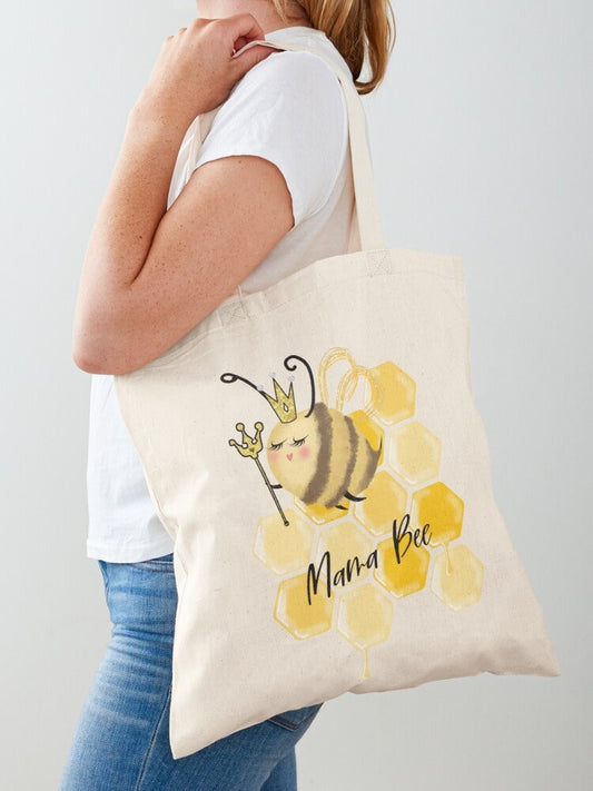 Mama Bee Shoulder Tote Bag, Everyday Tote Bag Canvas, Sturdy Tote Bag, Gift Bag, Reusable Bag, New Mom Gift, Bee Birthday, Bumble Bee Keeper