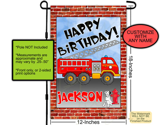 Fire Truck, Birthday Garden Flag, House Flags, Custom Flag, Drive By Birthday, Porch Flag, Birthday Decor, Yard Flag, Firetruck Party Banner