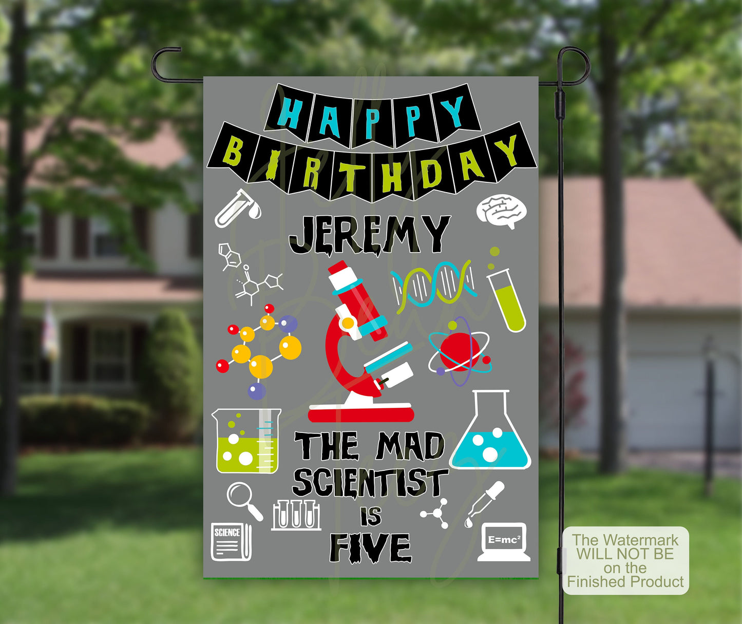 Mad Scientist, Birthday Garden Flag, Personalized Flag, House Flags, Custom Flag, Porch Flag, Birthday Decor, Yard Flag, Science Party Prop