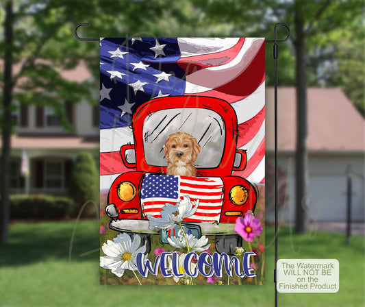 Doodle Dog Art, Patriotic Decor, House Flag, American Flag Art Outdoor Flag, New Home Gift for Labradoodle Mom, Vintage Truck, Daisies Field