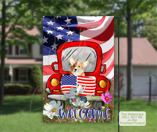 Corgi Gifts House Flag, American Flag Art, Patriotic Decor, Outdoor Flag, New Home Gift Corgi Lover, Vintage Truck, Daisies Field, Corgi Mom