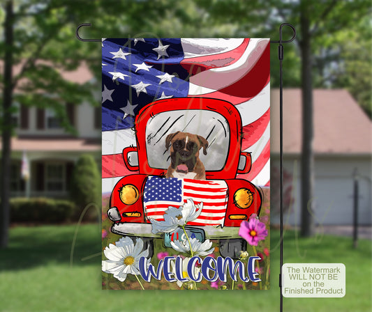 Boxer Dog, House Flag, American Flag Art, Patriotic Decor, Outdoor Flag, New Home Gift for Boxer Dad, Vintage Truck Daisies Field, Boxer Mom
