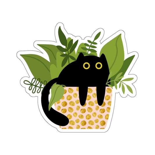 Black Cat in Gold Dot Planter, House Plants, Black Cat Sticker, Indoor Plants, Cute Cat Decal, Planner Sticker, Laptop Decal, Kitten Sticker