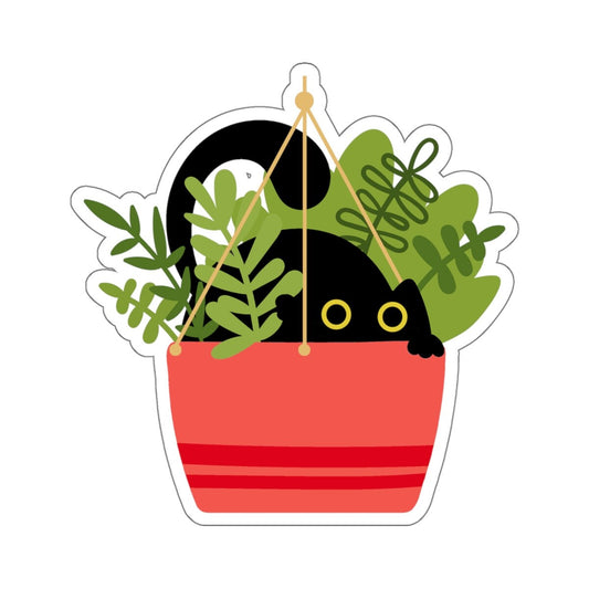 Black Cat, Striped Red Planter, House Plants, Black Cat Sticker, Indoor Plant, Cute Cat Decal, Planner Sticker, Laptop Decal, Kitten Sticker
