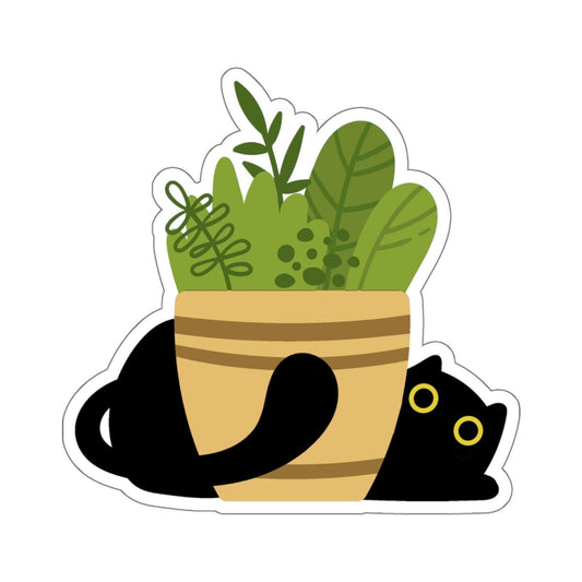 Black Cat, Brown Planter Pot, House Plants, Black Cat Sticker, Indoor Plant, Cute Cat Decal, Planner Sticker, Laptop Decal, Kitten Sticker