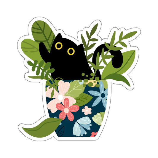 Black Cat in Floral Planter, House Plants, Black Cat Sticker, Indoor Plants, Cute Cat Sticker, Planner Sticker, Laptop Decal, Kitten Sticker