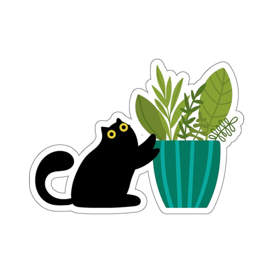 Black Cat in Striped Teal Pot, House Plants, Black Cat Sticker, Indoor Plants, Cute Cat Decal, Planner Sticker, Laptop Decal, Kitten Sticker