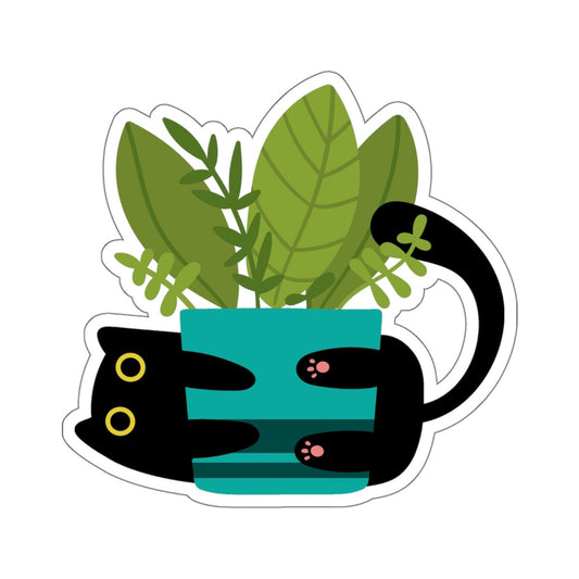 Black Cat, Teal Garden Planter, House Plants, Black Cat Sticker, Indoor Plant, Cute Cat Decal, Planner Sticker, Laptop Decal, Kitten Sticker