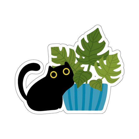 Black Cat Blue Striped Planter, House Plants, Black Cat Sticker, Indoor Plant, Cute Cat Decal, Planner Sticker, Laptop Decal, Kitten Sticker