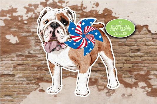 English Bulldog Sticker, Patriotic July 4, USA American Flag, Cute Dog Sticker, Journal Laptop, Gift for Friend, British Bulldog Mom or Dad