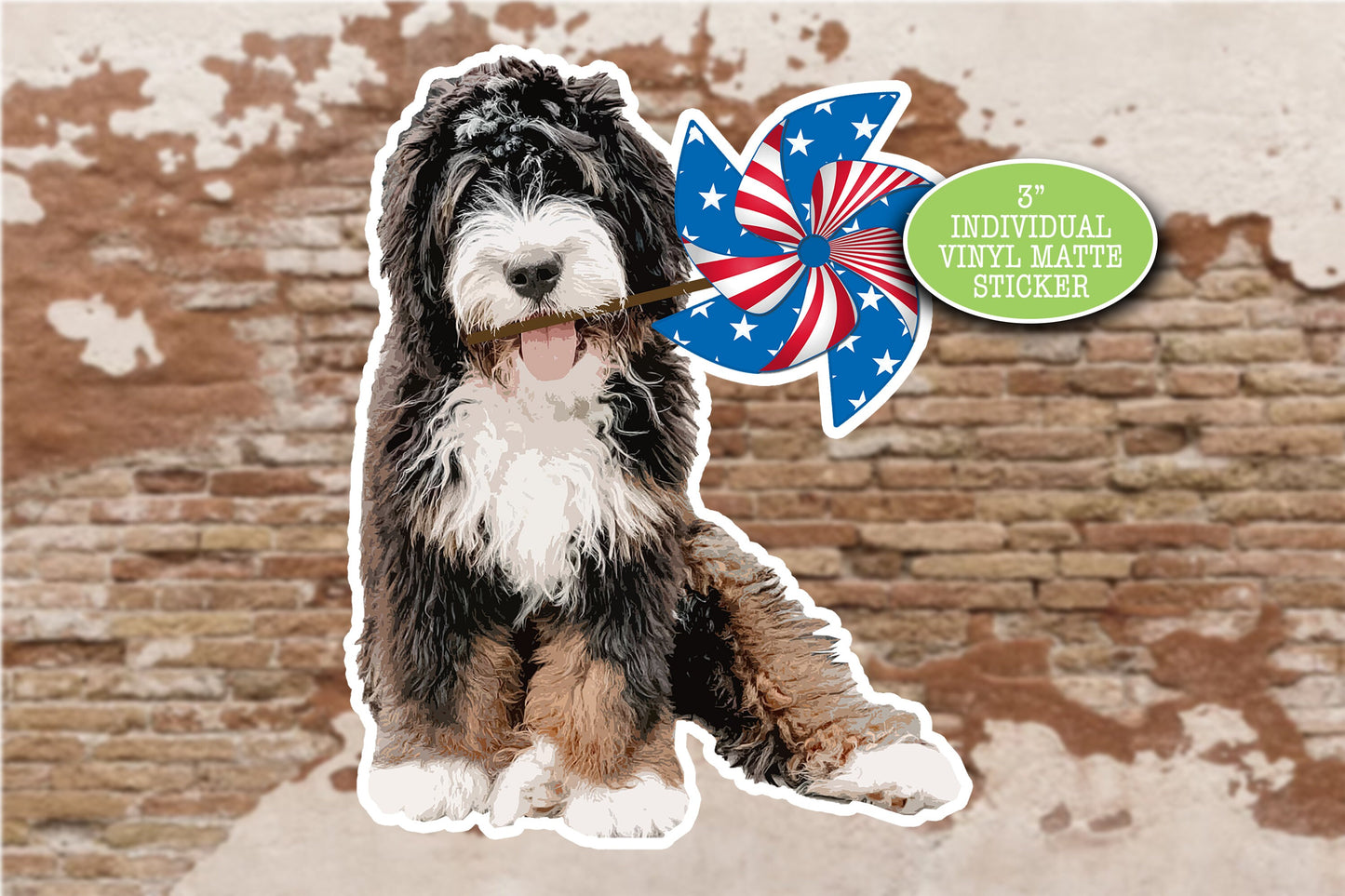 Bernedoodle Sticker, Patriotic July 4, USA American Flag, Cute Dog Sticker, Journal Laptop, Gift for Friend, Bernese Mountain Dog Poodle Mix