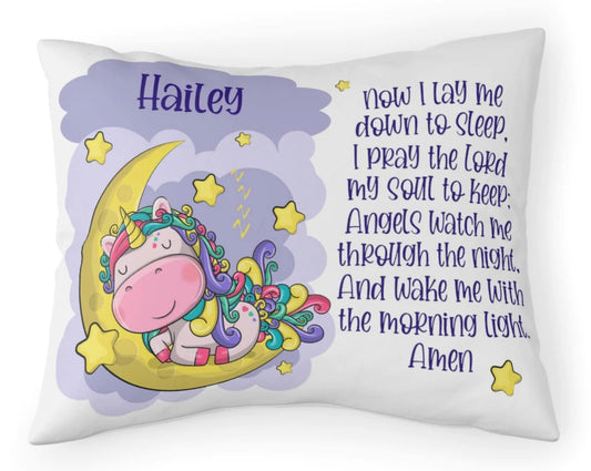 Bedtime Prayer Unicorn Pillowcase, Now I Lay Me Down To Sleep, Custom Girl's Name Pillowcase, Personalized Pillowcase, Standard Pillow Sham