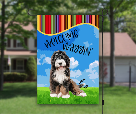 Welcome Waggin, Bernedoodle Gifts, Dog Garden Flag, House Flag, Outdoor Flag, Summer Garden Flag, Seasonal Flag, Bernese Mountain Dog Poodle