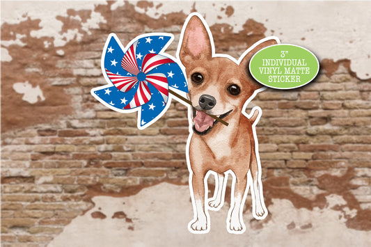 Chihuahua Sticker, Patriotic July 4, USA American Flag, Cute Dog Sticker, Vinyl Decal, Journal Laptop, Chihuahua Art, Chihuahua Mom Gift